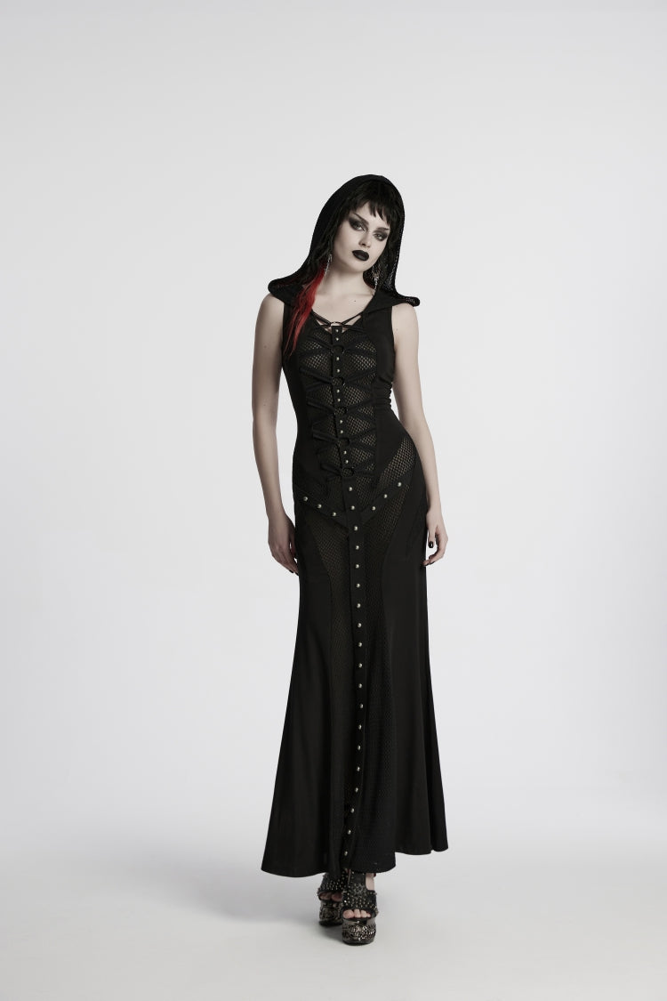 Off Shoulder Sleeveless Spliced Lace-Up Slim Mesh Studded Eyelet Punk Dress