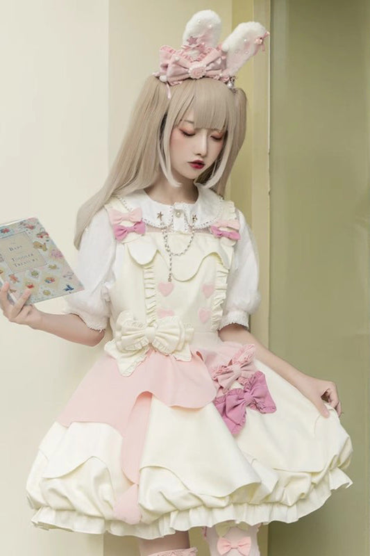 Pink White Sleeveless Ruffle Bow Sweet Lolita Jsk Dress
