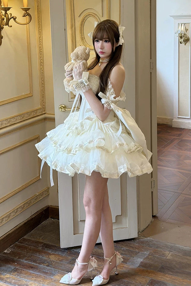 Apricot Sweet Lolita Dress with Off Shoulder Triple-Layer Ruffles and Bowknot Accents