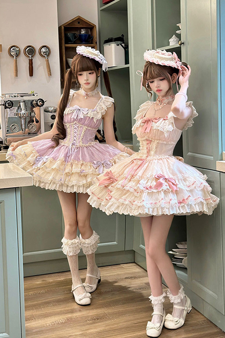Flory Butterfly Violet Double-Layered Ruffle Bowknot Lace-Up Ballet Lolita JSK - Flory Butterfly