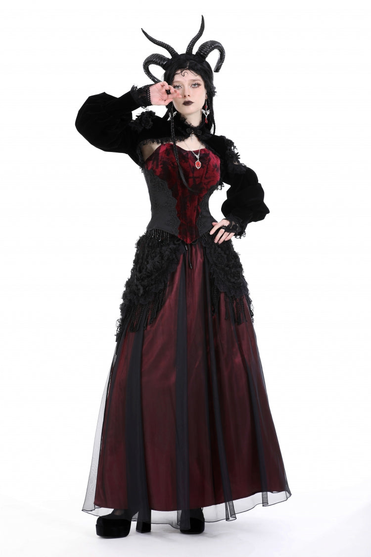 Jet-Black Gothic Cape with Velvet Panels and Lantern Sleeves