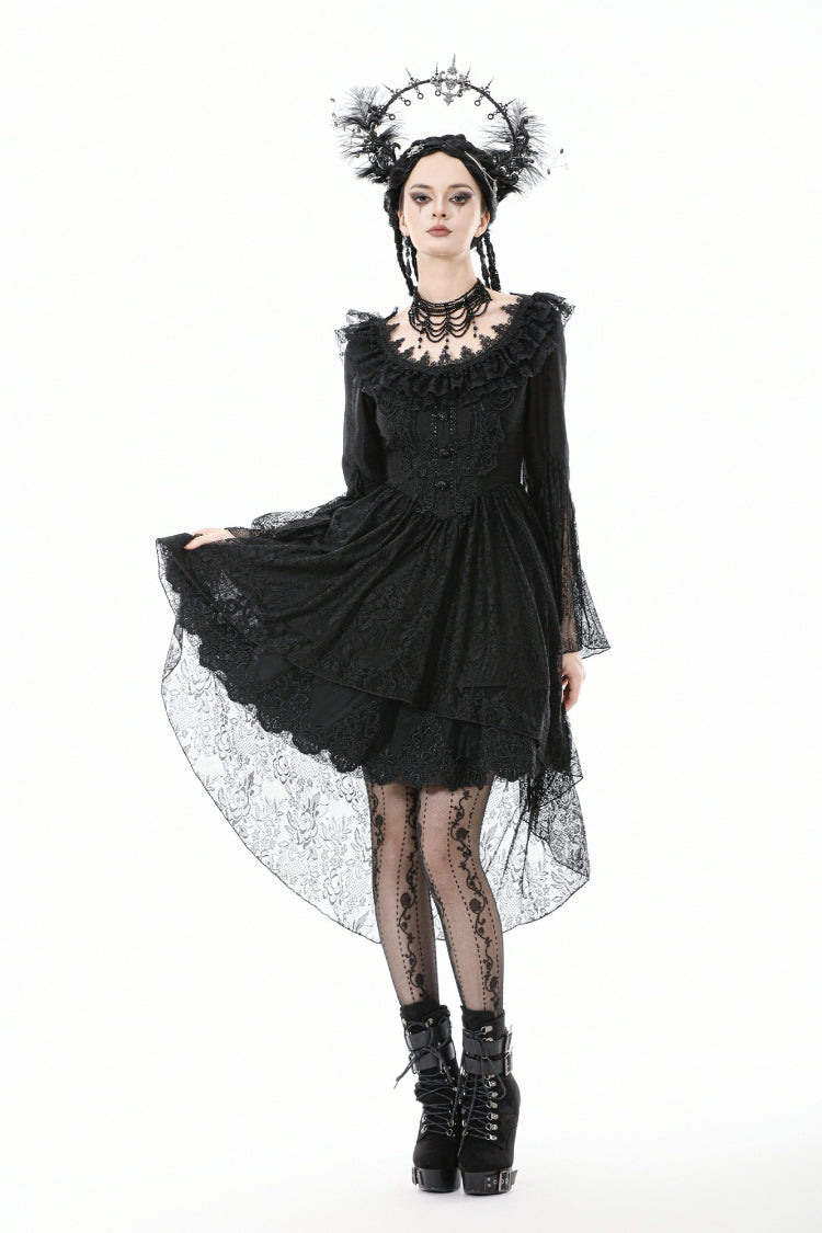 Gothic Black Lace Boat-Neck Trumpet-Sleeve High-Low Hem Elegant Long Gown