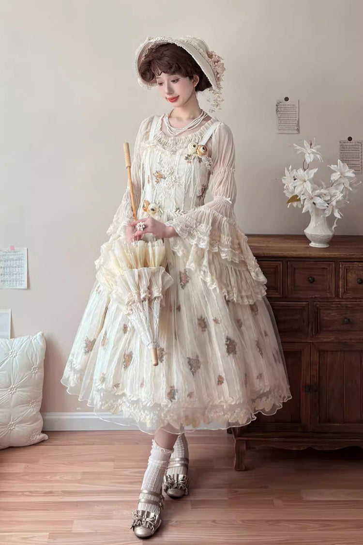 Charming Apricot Embroidered Lace Print Sweet Lolita JSK Dress