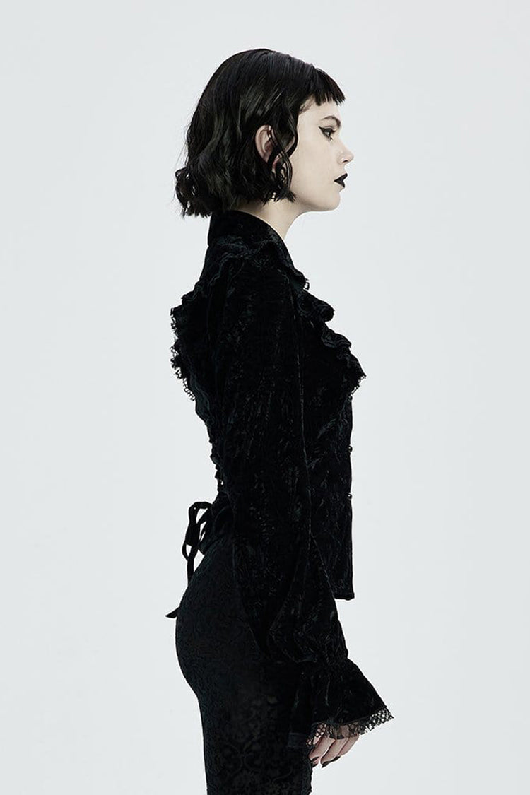 Gothic Velvet Blouse with High Collar, Lace Cuffs, Back Lace-Up, Print