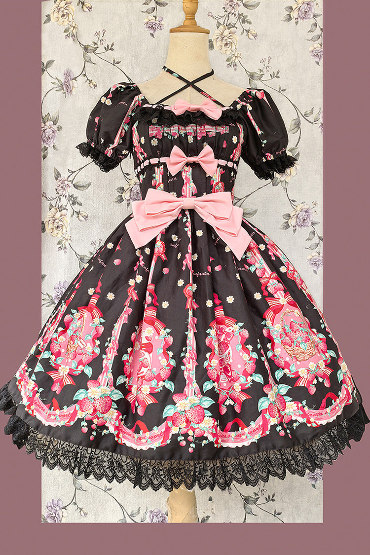 Printed Bowknot Lace Sweet Dress with Short Sleeves - Strawberry Chef