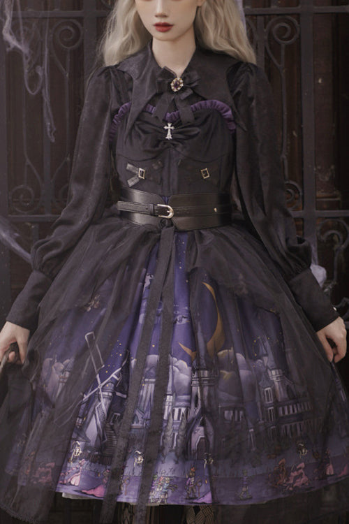 Ebony JSK Dress - Witch Town Print Gothic with Veil