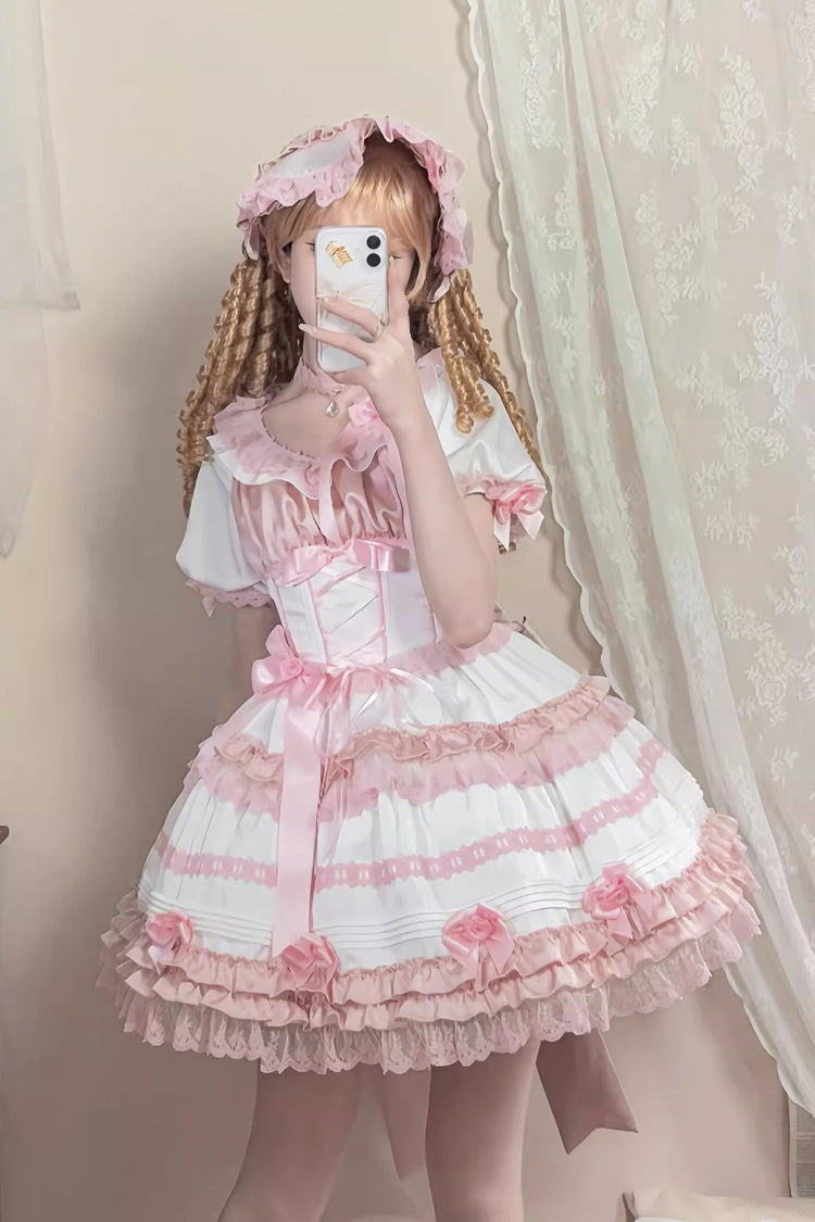 Ivory and Pink Peach Ice Short Sleeve Ruffled Ribbon Lace Sweet Lolita Dress