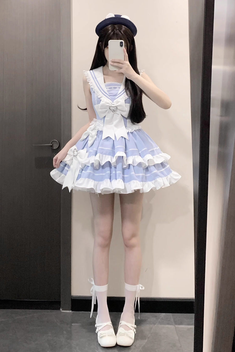 Light Blue Sleeveless Double Layer Lace Sweet Lolita Dress - Ruffled Bowknot