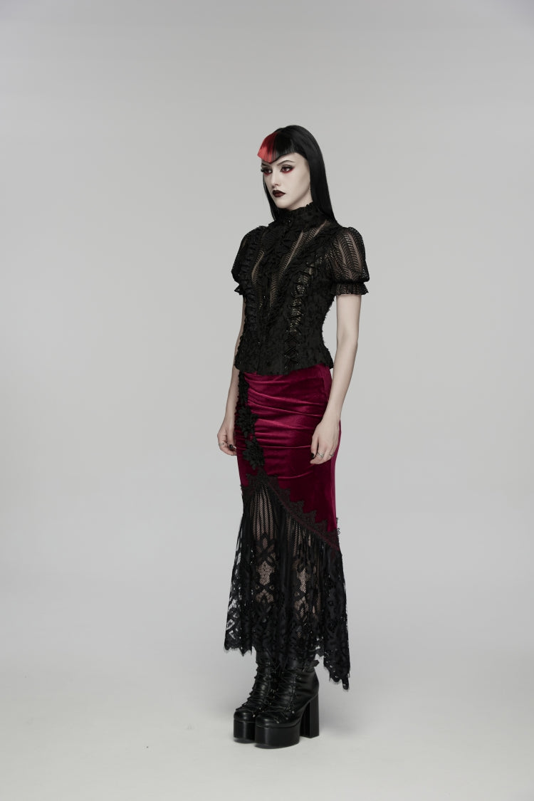 Crimson & Noir Embroidered Lace Fishtail Velvet Skirt with Slim Fit