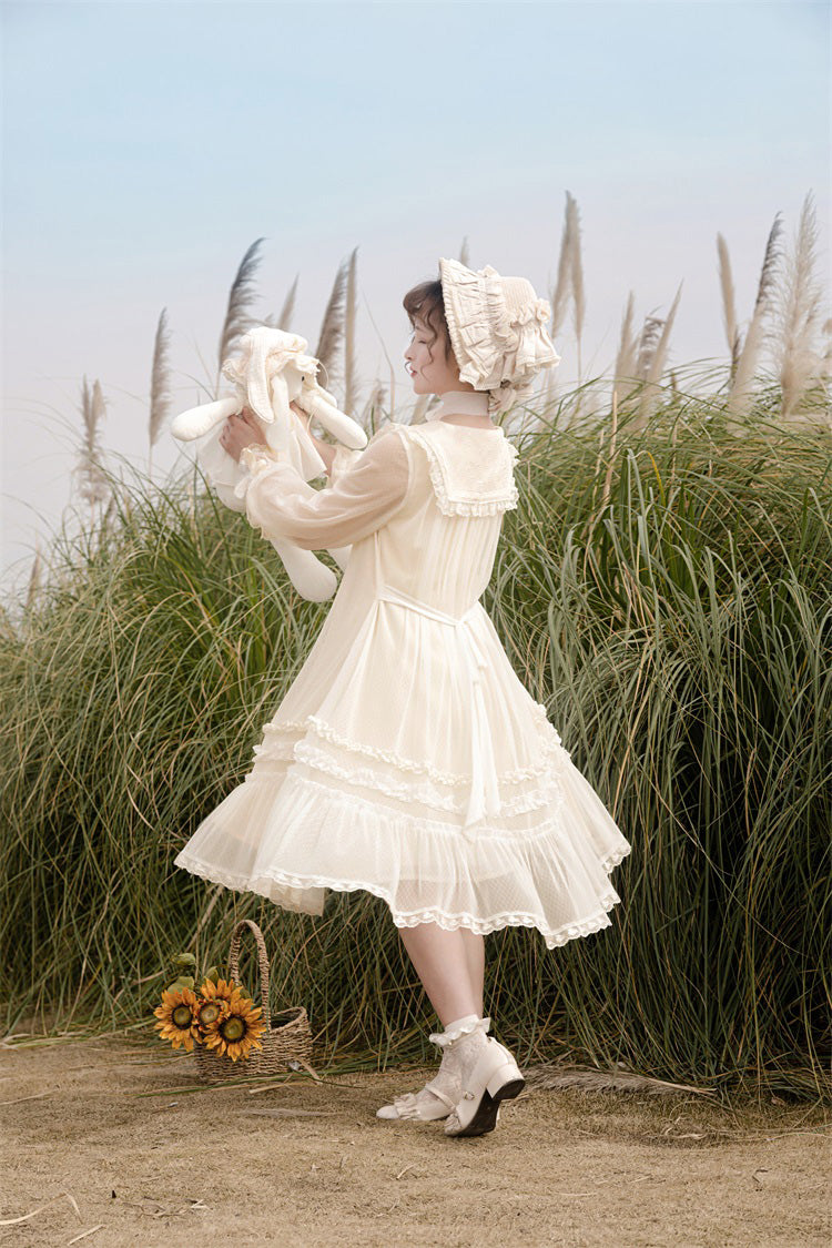 Ivory Sweet Princess Lolita Dress with Lace Embroidery Ruffled Bowknot - Sunflower Diary