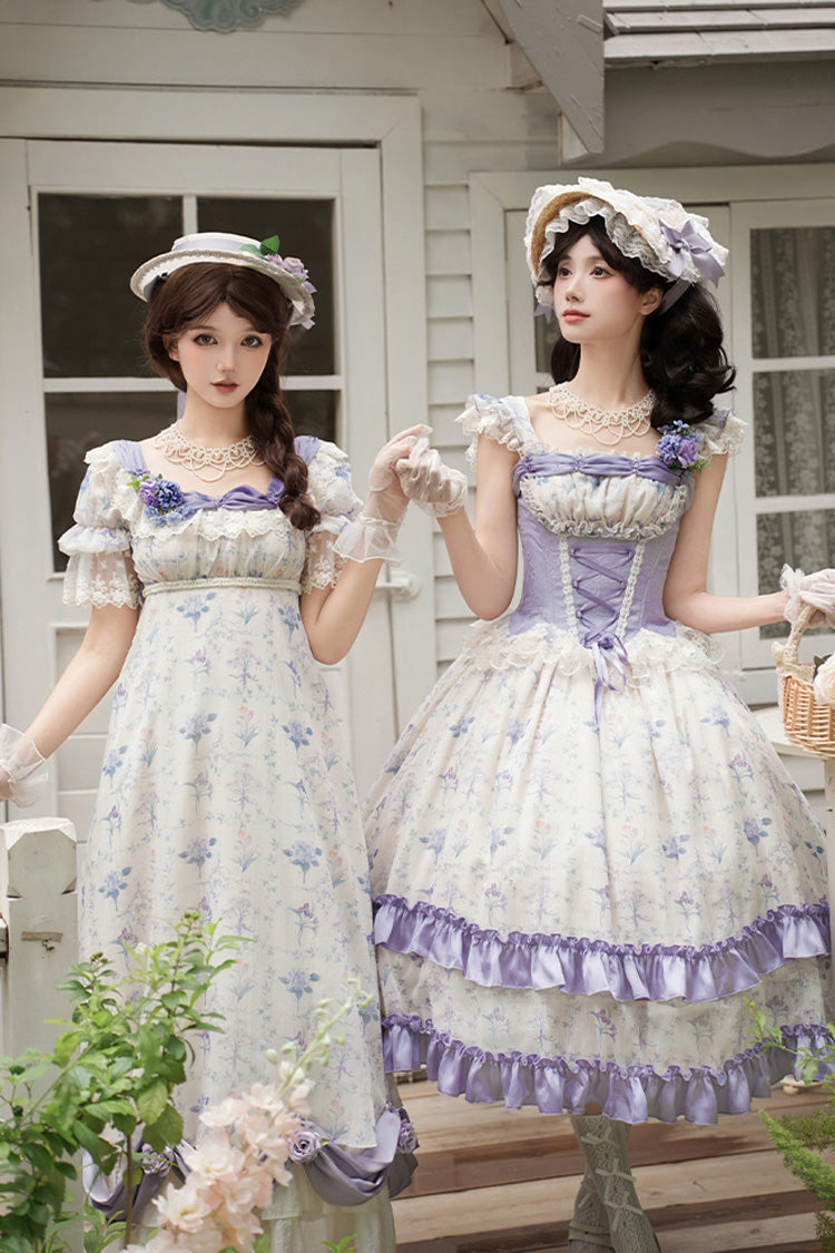 Double-Layer Print Ruffle Bow Lace-Up Fake Two Piece Sweet Lolita Jumper Dress - Purple Ivory