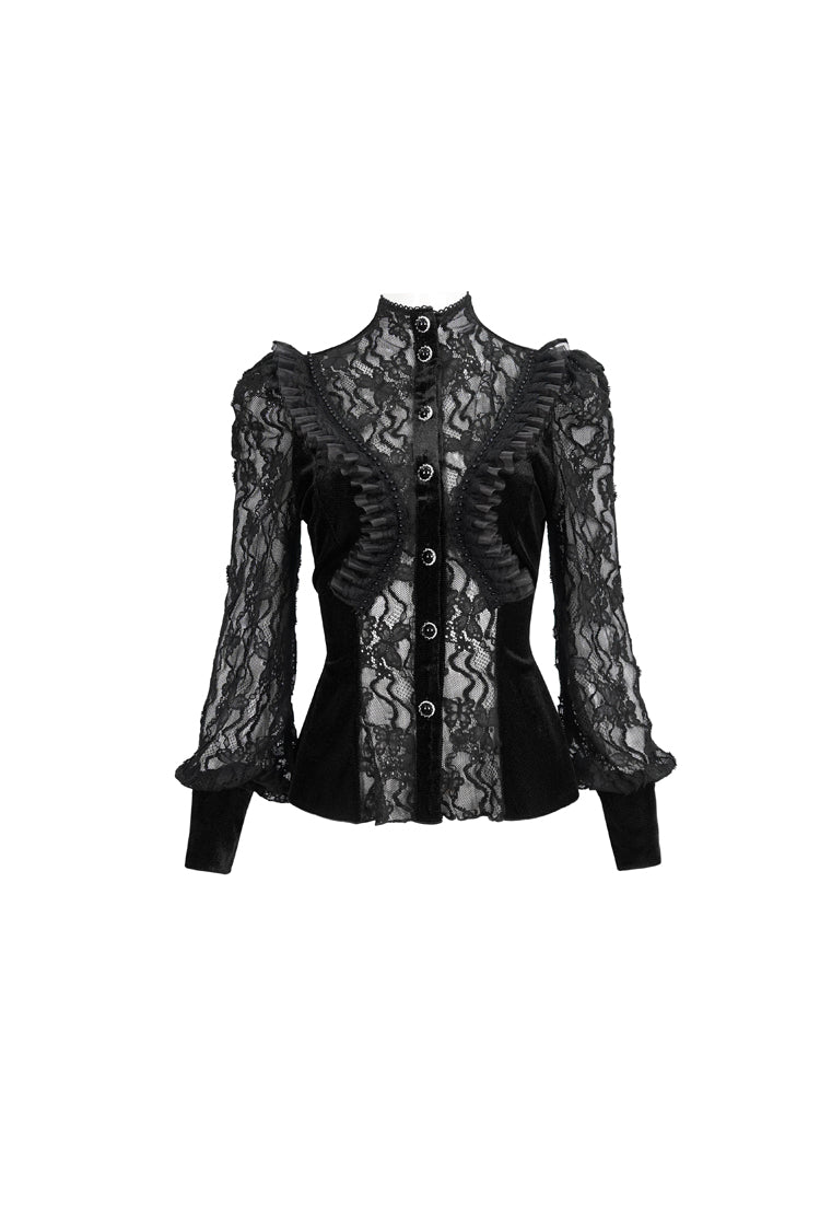 Charcoal Velvet High-Neck Lace Gothic Shirt with Butterfly Embroidery
