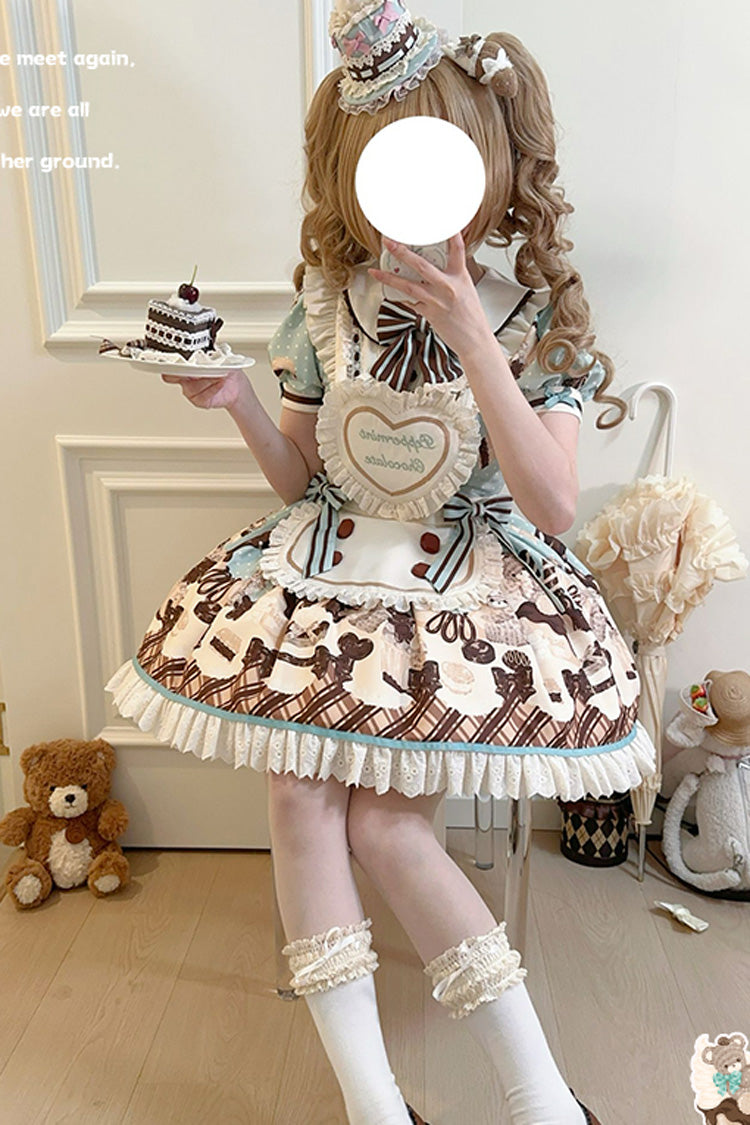 Brown Chocolate Cake Bear Print Ruffled Bow Lace-Up Sweet Dress - Peppermint Chocolate