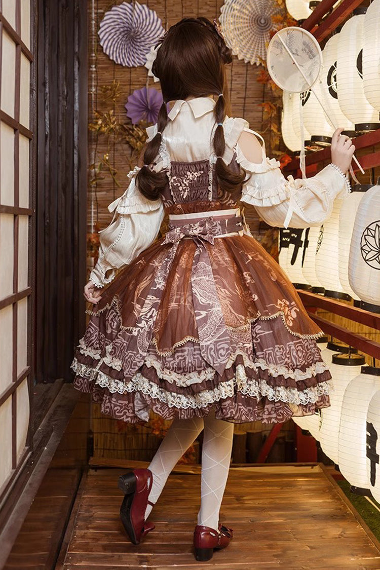 Brown Print Ruffle Lace Sweet Chinese Lolita Jsk Dress