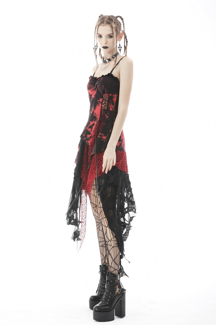 Crimson & Noir Tie-Dye Patchwork Punk Slip Dress with Irregular Hem