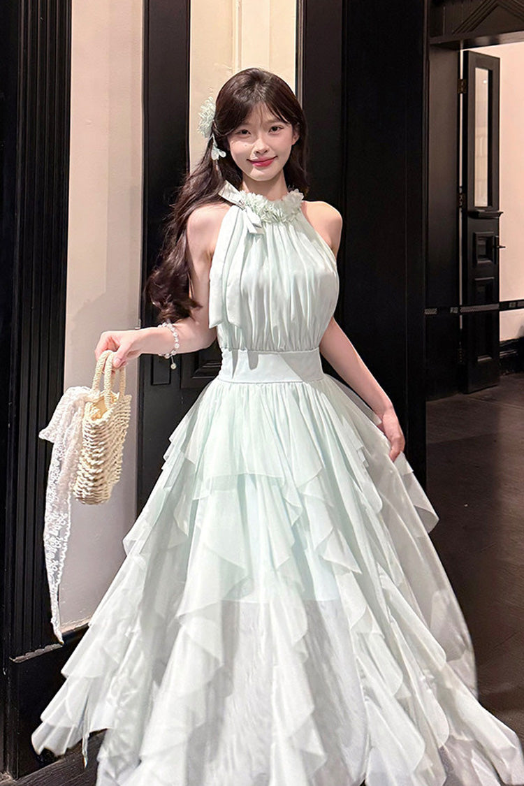 Green Halterneck Ruffled Irregular Sweet Dress