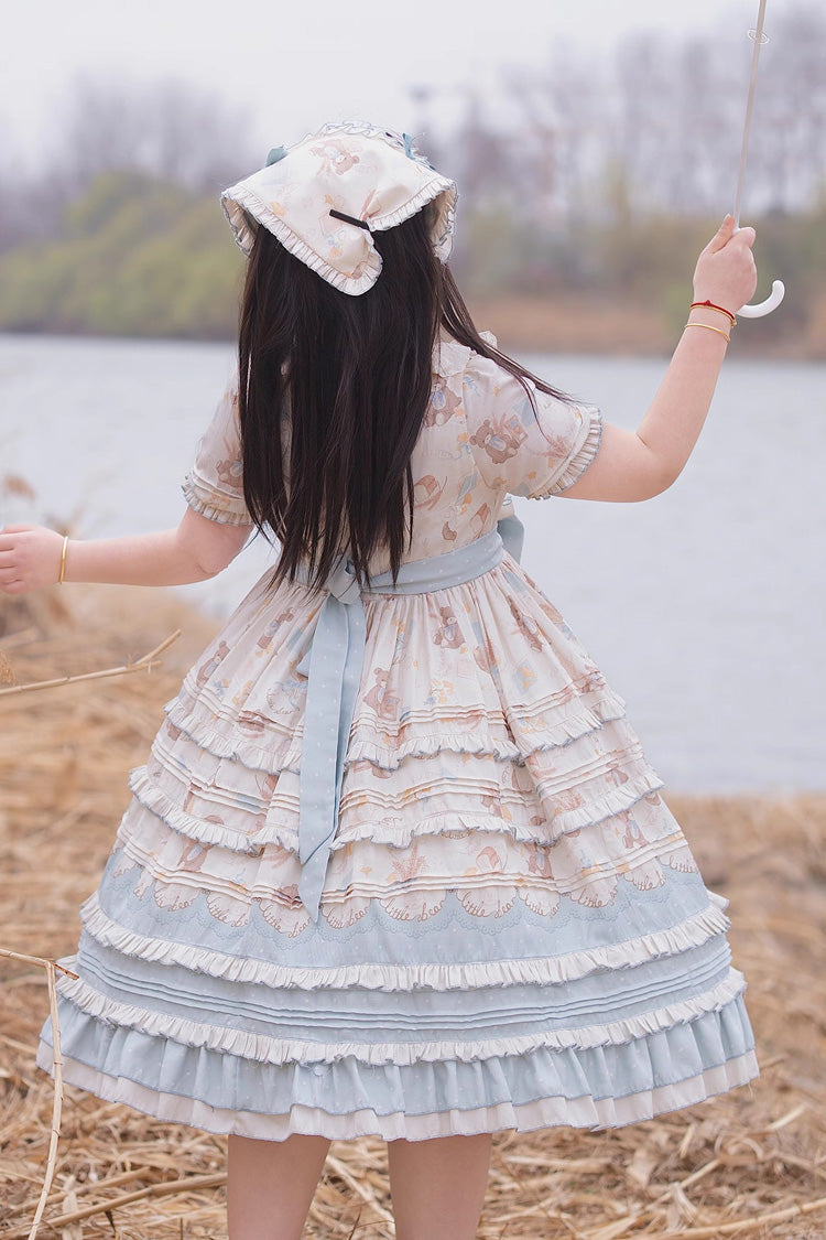 Harvest Bear Print Multi-Layered Ruffle Bowknot Sweet Plus Size Blue Apricot Dress - Harvest Bear