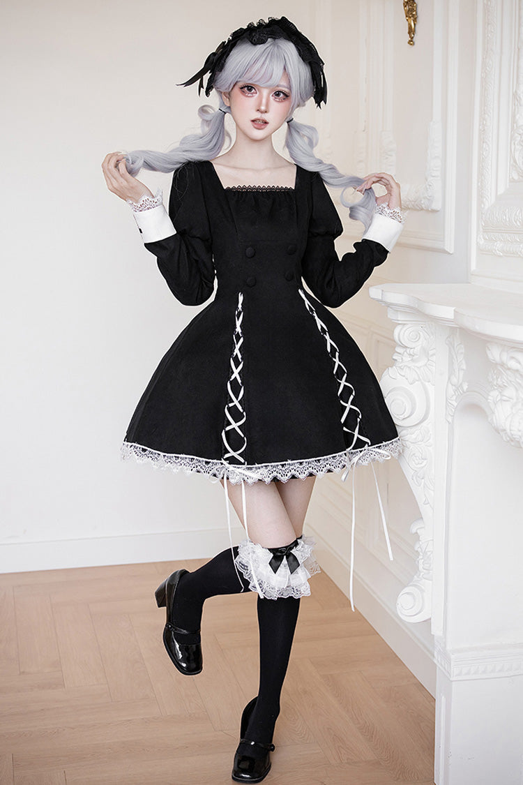 Rose Doll Square Collar Lace-Up Gothic Lolita Dress Set with Bow