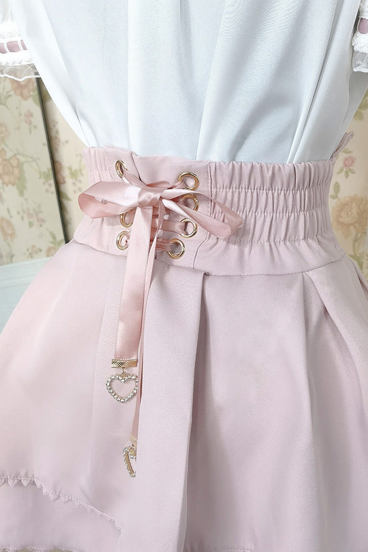 Blush & White Lapel Collar Short-Sleeve Double Ruffled Bow Sweet Jirai Kei Set