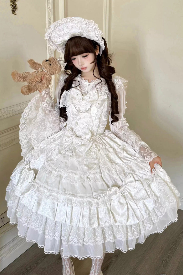 Ivory Casual Lolita Dress with Ruffles and Pearl Veil - Dream-Sinking Pearl Veil