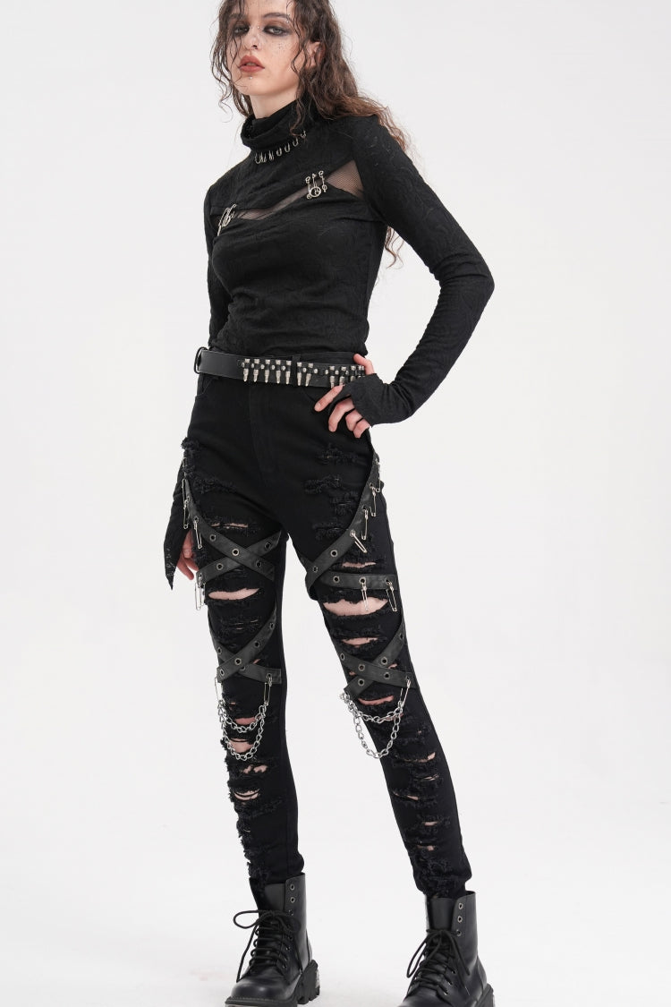 Punk Pants for Women with Ripped Mesh and Chain Detail