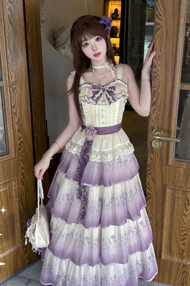 Violet Lilac Thoughts Sleeveless Gradient Multi Printed Ruffled Lace Dress Set