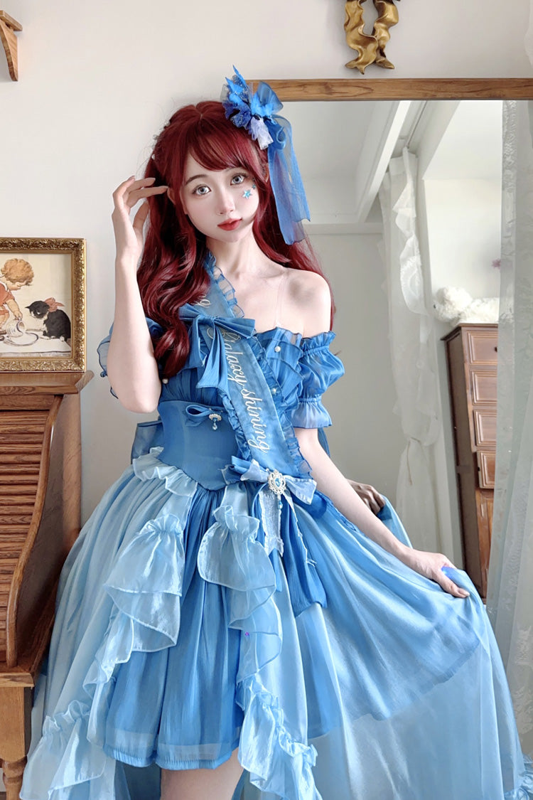 Mermaid Princess Ruffle Hanayome Bow Sweet Elegant JSK Dress Set in Blue