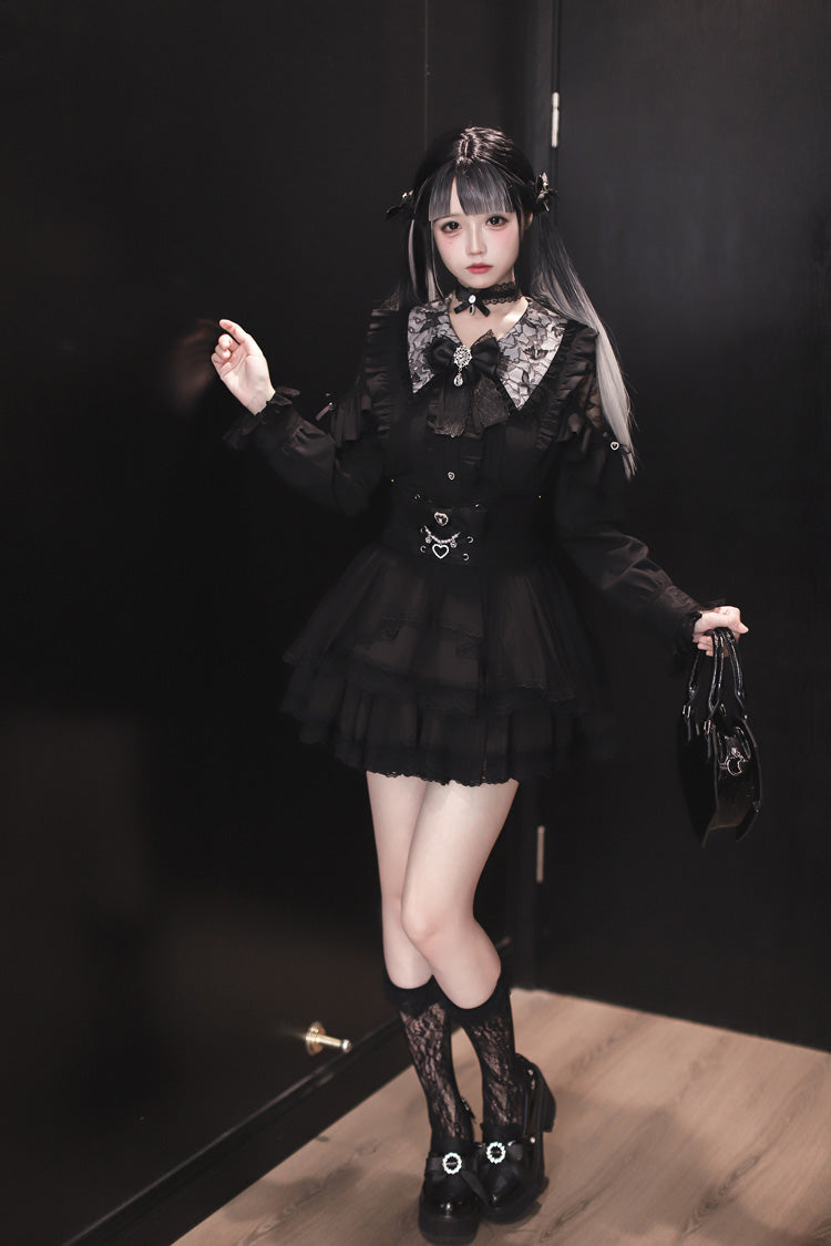 Midnight Lapel Long-Sleeve Layered Ruffled Skirt Set - Dreamy Love Ballad