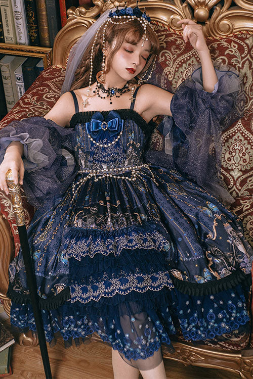 Azure Gothic Tiered JSK with Skull Print and Pearl Chain