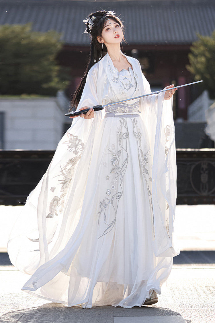 Ivory High Waisted Embroidered Hanfu Dress Set - Silver Moon