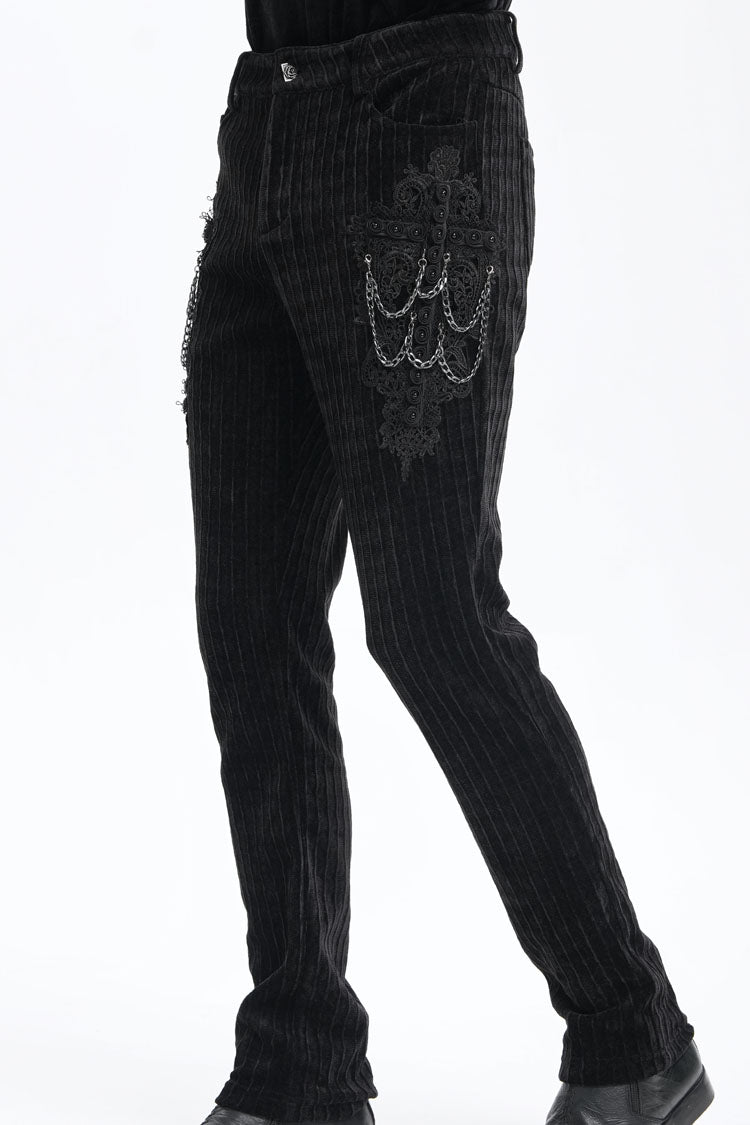Men's Gothic Pants with Crochet Print and Chain Accent