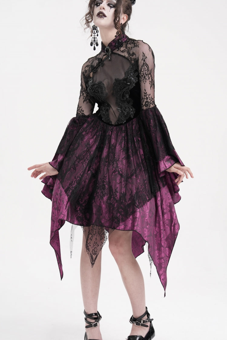 Black Purple Long Sleeves Embroidery Lace Up Irregular Mesh Gothic Dress