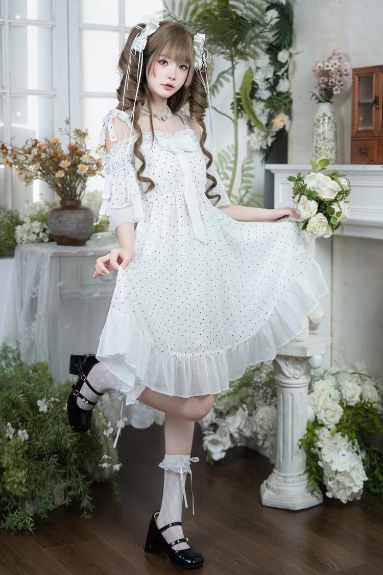 Off Shoulder Short Sleeve Polka Dot Printed Ruffled Bow Lace Palace Dress - White