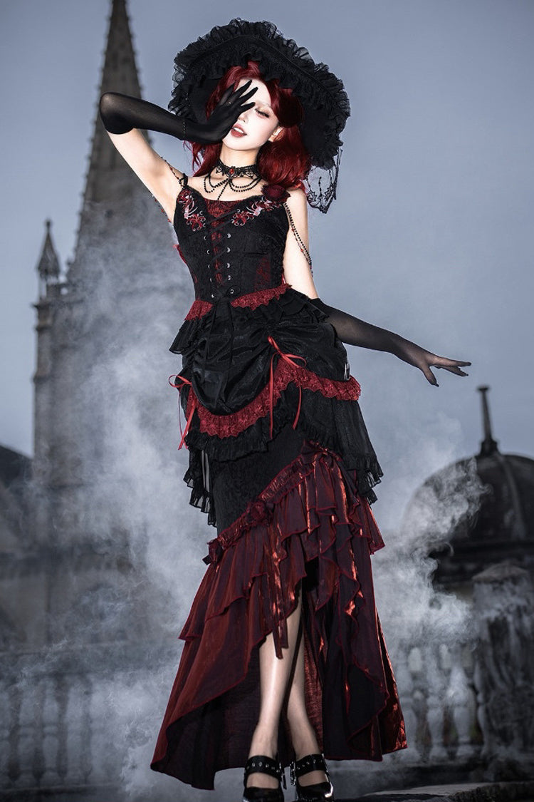 Black/Red Embroidered Lace-Up Gothic Skirt Set with Ruffles