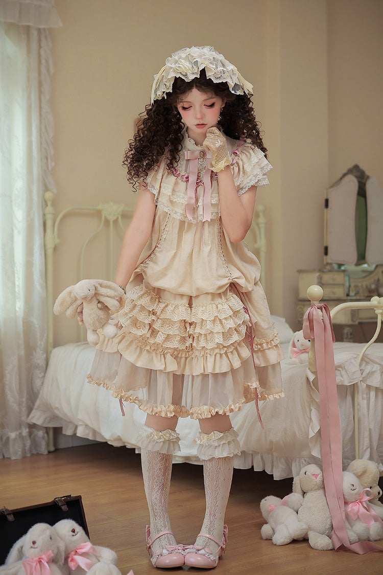 Apricot Sweet Lolita Dress with Stand Collar Short Sleeves Loose Doll-Like Ruffled Bow Lace