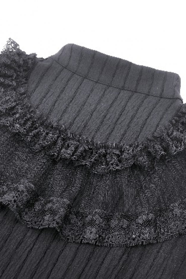 Gothic Sleeveless Black Lace Bow-Accented High-Neck Triple-Tiered Hem Long Dress