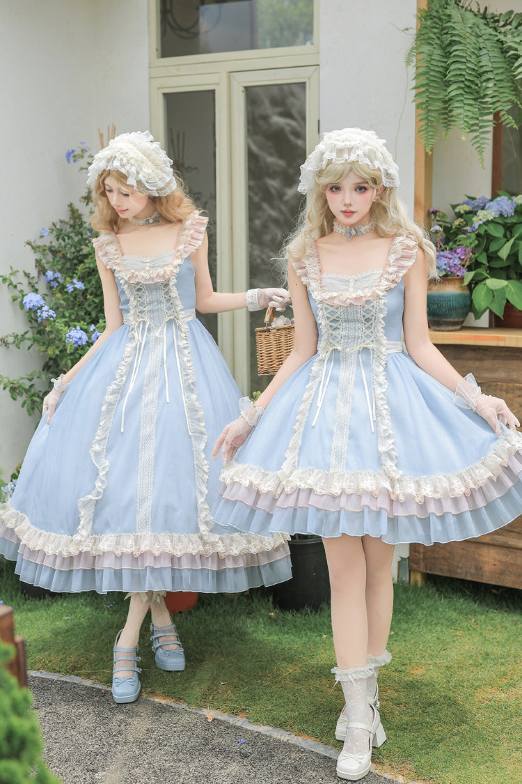 Island Diary Square Collar Flutter Sleeves Triple-Layered Ruffled Lace-Up Sweet Lolita Jsk Dress 2 Versions - Blue