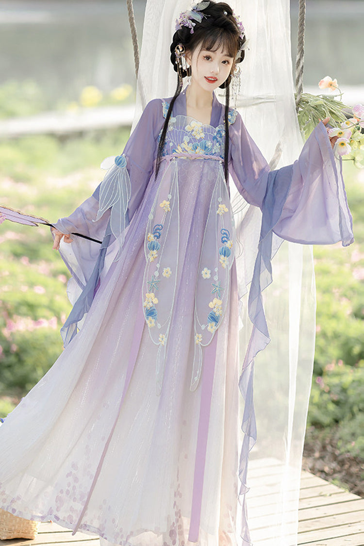 Violet Sea Princess Hime Sleeve High Waist Embroidered Hanfu Set