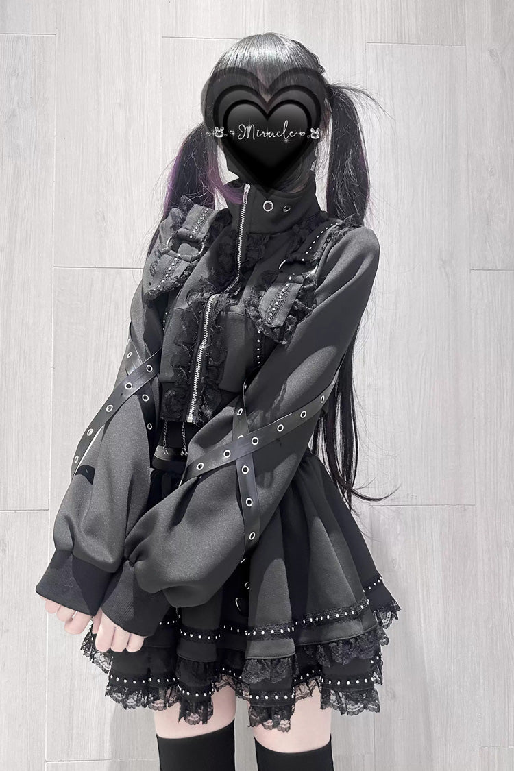 Black Gothic Ruffle Lace Zip Skirt Ensemble Jirai Kei