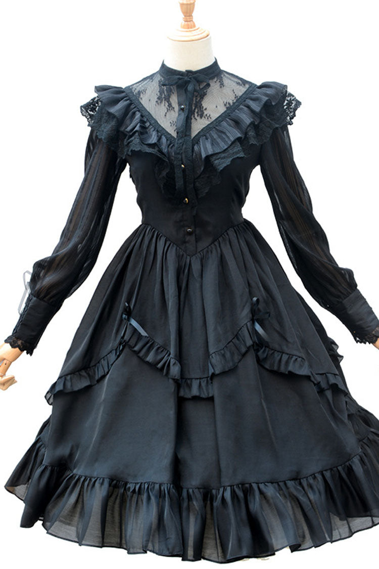 Black Hollow V Neck Gothic Lolita Dress Long Sleeves Bowknot Ruffled - Altfashion Shop