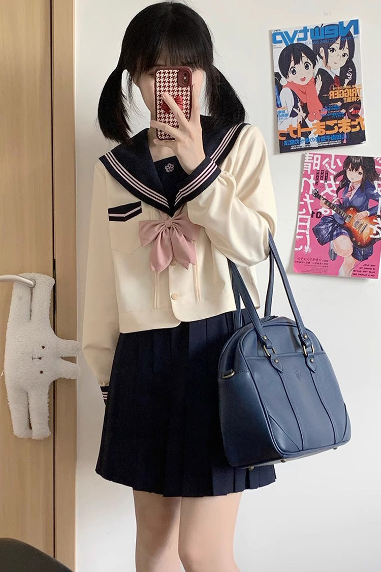 Navy/Ivory Sailor-Collar Long-Sleeve Sweet Japanese School Skirt Set