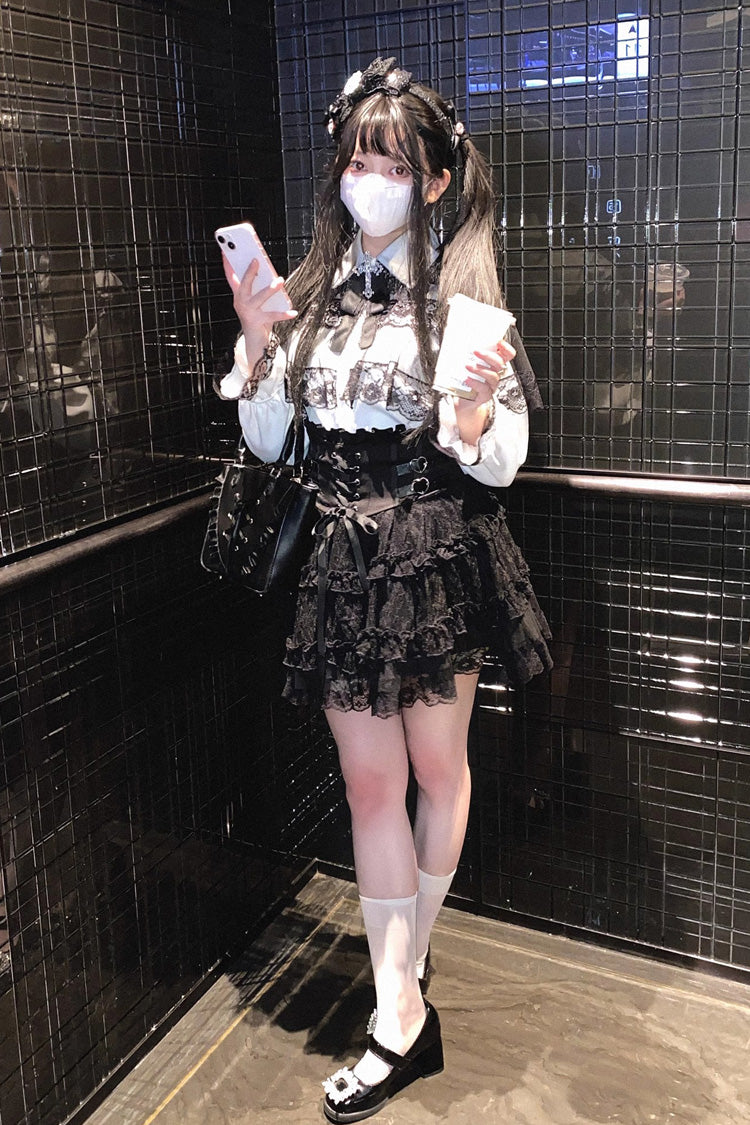 Rose Palpitations High Waisted Sweet Jirai Kei Skirt with Lace