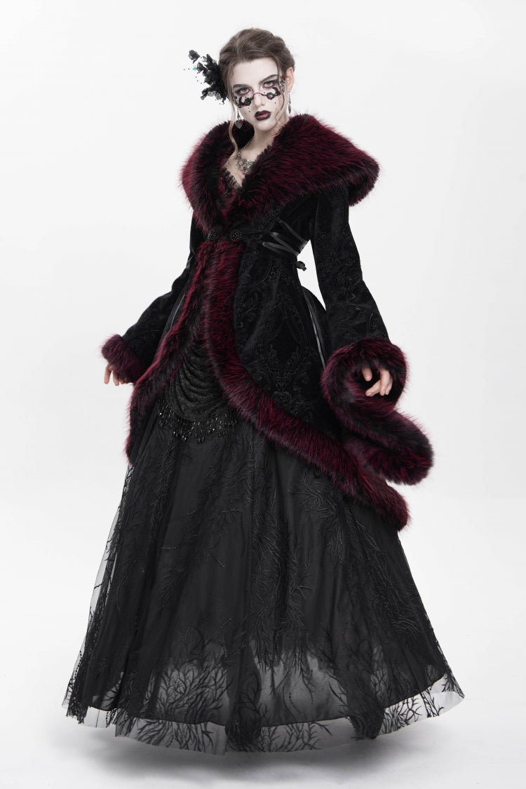 Crimson Floral Embroidered Gothic Fluffy Jacket