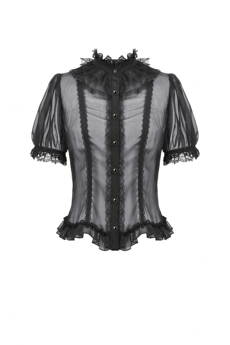 Courtly Gothic Blouse with Puff Sleeves and Lace, Black