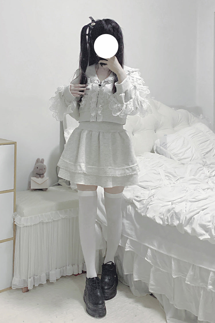 Grey Heartbeat Rhythm Lace-Trimmed Hooded Skirt and Top Set