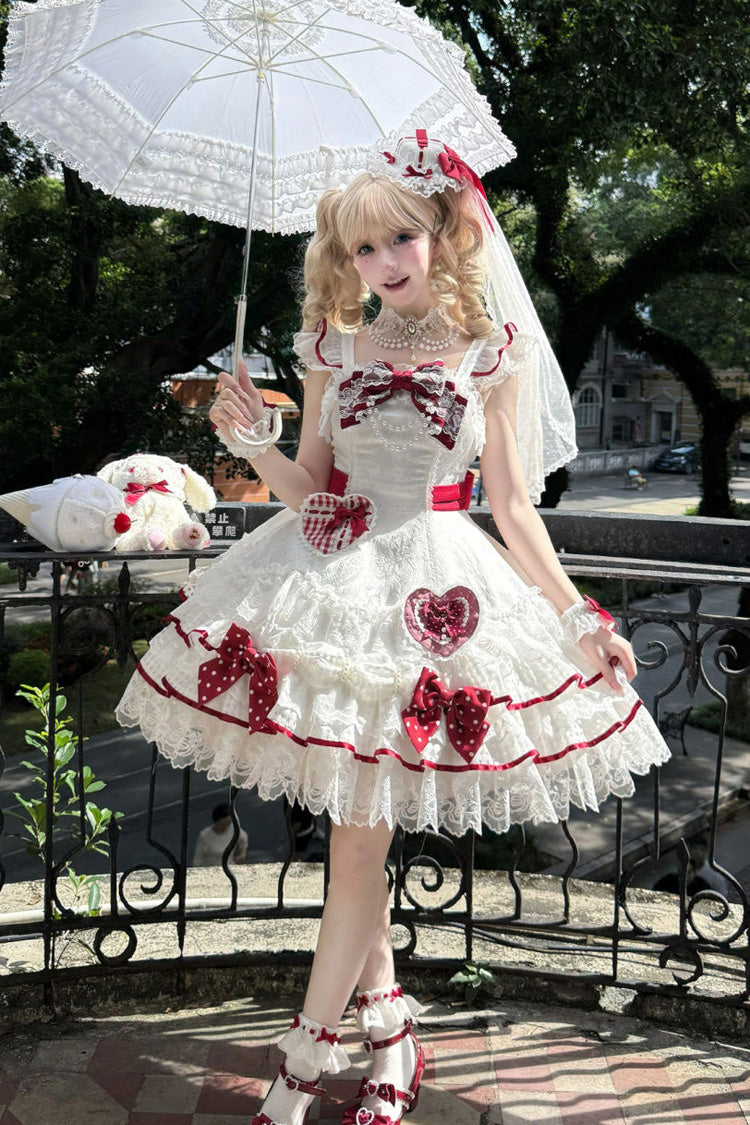 Ivory Polka Dot Love Letter Sleeveless Double Bow Pearl Accent Lolita JSK