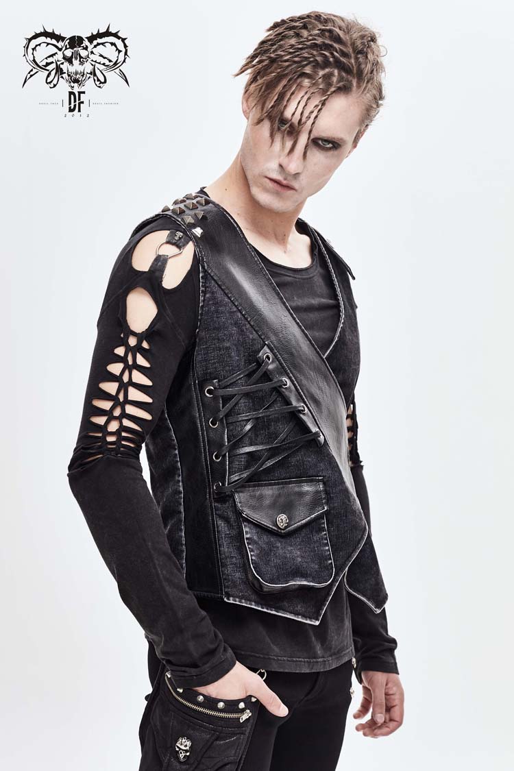 Rivet Corduroy Punk Waistcoat with Lace-Up Details