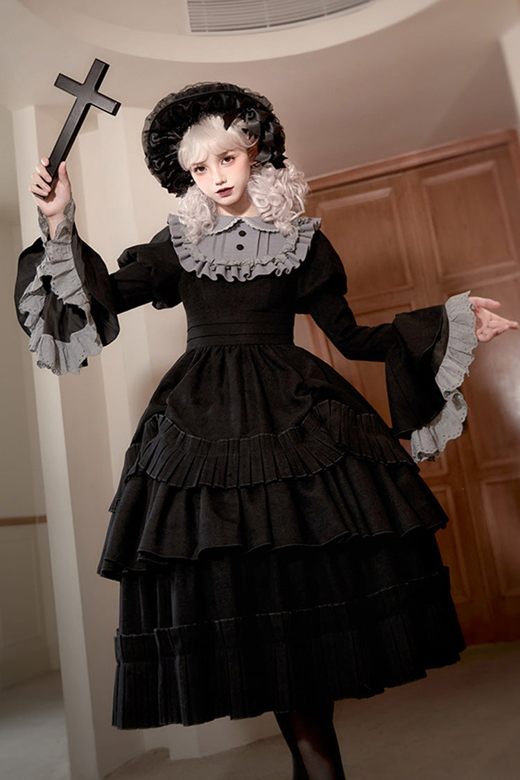 Long Hime-Sleeve Ruffled Bow Gothic Dress in Black