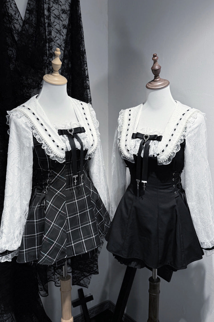 Gothic Square-Collar Print Bow Lace Pearl Jirai Kei Dress with Shorts