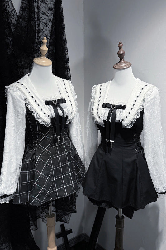 Gothic Square-Collar Print Bow Lace Pearl Jirai Kei Dress with Shorts